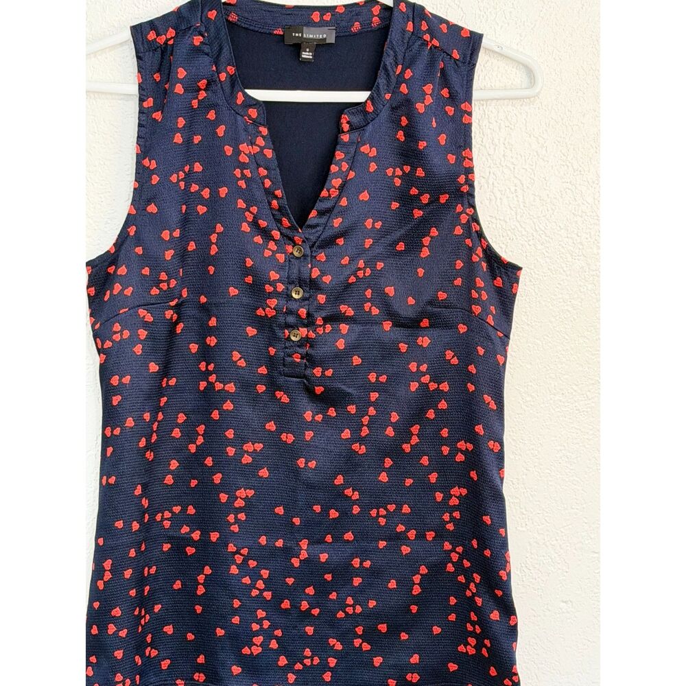The Limited Heart Print Sleeveless Blouse Navy Red Button Front Size S